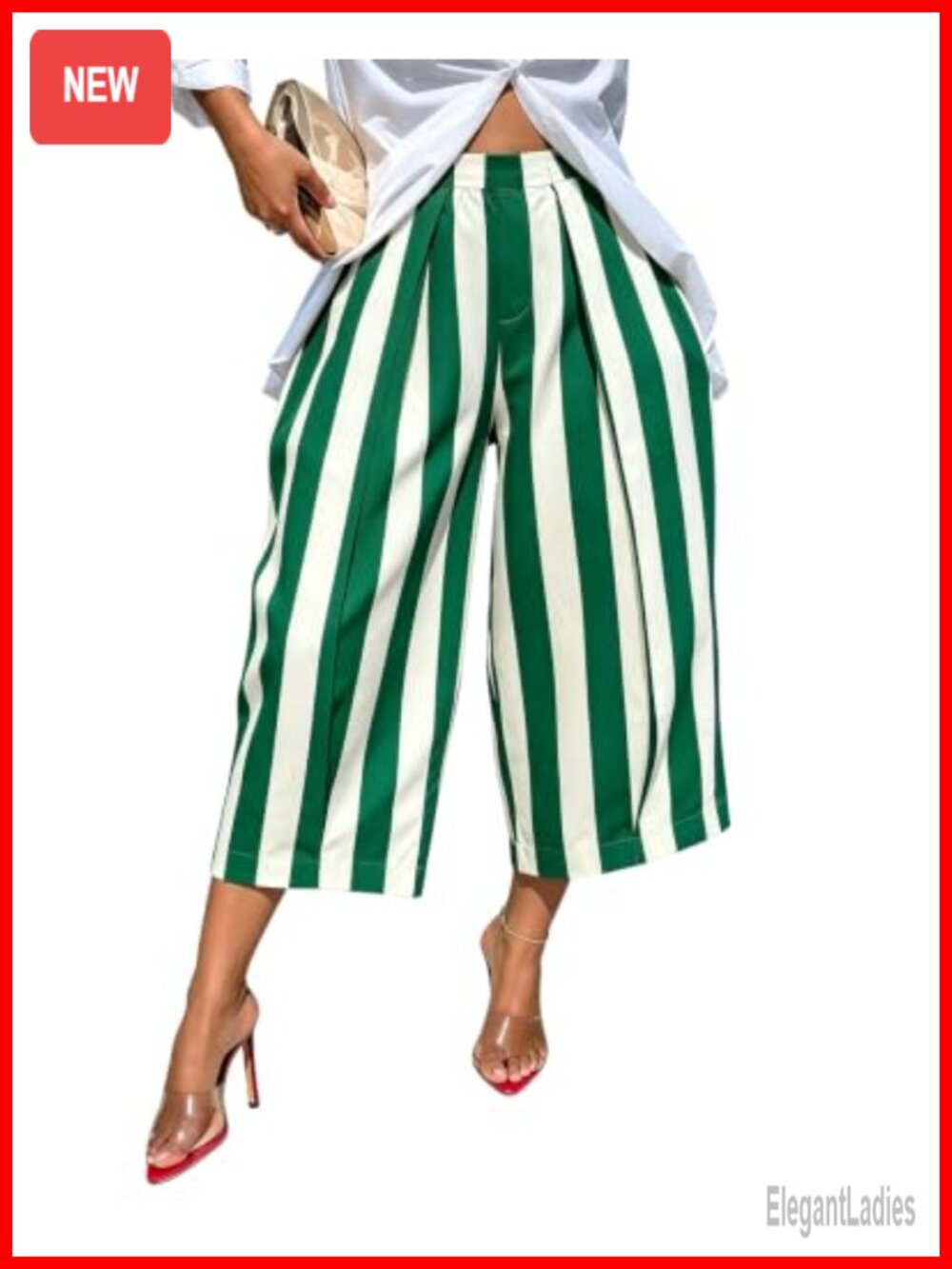 Wide Leg Striped Capri Pants Pleated High Waist Cropped Trousers